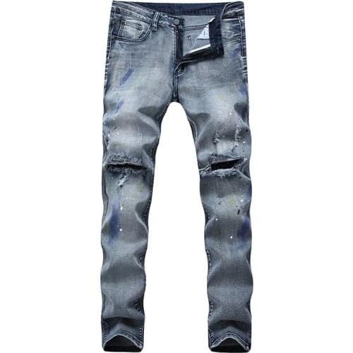 High-Elastic Men Skinny Jeans Biker Destroyed Frayed Fit Ripped Denim Pencil Pants Hip Hop Streetwear Male Straight Trousers