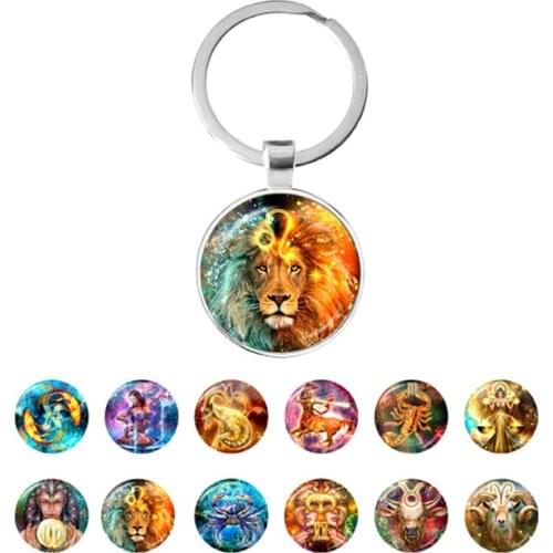 Classic 12 Zodiac Signs Keychain Constellation Cabochon Glass Key Chain Zodiac Jewelry for Women Men Birthday Gifts