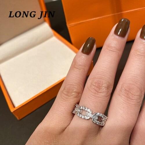 Korean Version Simple Chain Ring Cubic Zircon Silver Color Finger Trend Adjustable High Quality Jewelry Wedding Party Gift