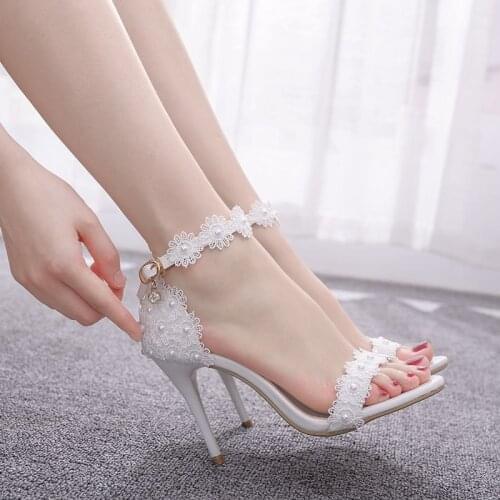 Summer Peep Toe Sandals Sexy Heels Ladies Pumps Fine Heel Heels Sweet Lace Wedding Party Shoes White Sandalia De Festa Size34-42