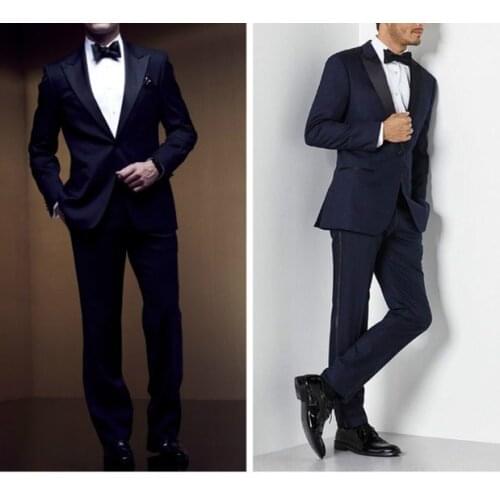 New Arrival Groomsmen Navy Blue Groom Tuxedos Peak Black Lapel Men Suits Wedding Best Man Blazer ( Jacket+Pants+Tie) C336