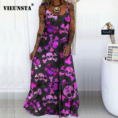 Fashion Skull Printed Sling Club Party Dress Women Summer Off Shoulder Sleeveless Maxi Dress Spring Casual Loose Beach Dresses