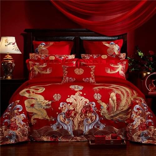 Luxury 100S Egyptian Cotton Red Chinese Wedding Bedding Set Dragon Phoenix Embroidery Duvet Cover Bed Sheet Bedspread Pillowcase