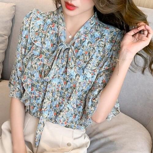 Printed Flowers Summer New Bow Chiffon Shirt Loose Short Sleeve Chiffon Shirt V Neck female blusas de mujer Ladies tops 9969H