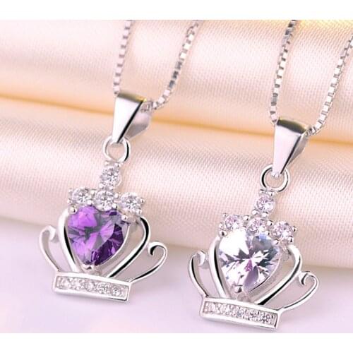 925 Sterling Silver Heart Zircon Princess Crown Shape Pendant Necklace With Clear Purple Crystal Wedding Necklace Jewelry S-N98