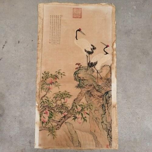 Old Chinese Scroll Painting Hand Painted Peach crane Painting Rice Paper