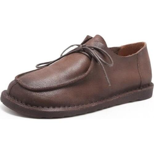 Soft Bottom Women Flats Genuine Leather Mother Shoes Lace Up Round Toe soft Retro Comfortable Classics fashion shoes for women