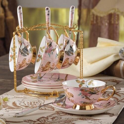 High-quality bone china coffee cup set creative ceramic gold bird pattern afternoon tea cup set with spoon saucer coffee cups