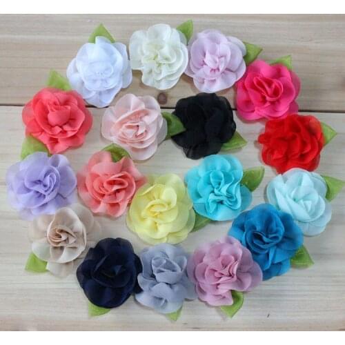 2.3" Classic chiffon flower with green leaf for DIY hair acessories hairpins headbands 18color flat back