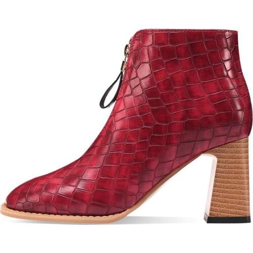Winter for woman new fashion shoes Burgundy clear heels boots zipper Front zipper Block heels ankle boots 34-40