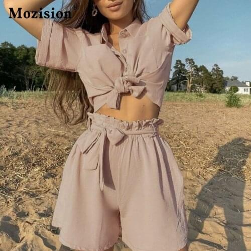 Mozision Casual Two Piece Set For Women Blue Short Sleeve Single Breasted Shirt And Shorts Outfits Ladies Fashion Beach Sets