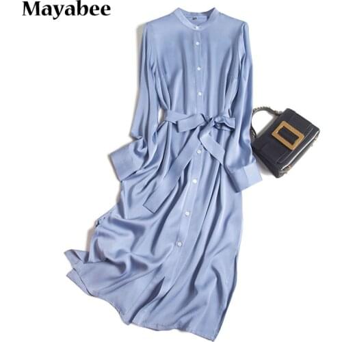 Temperament Woman Silk Tie Belt Button Solid Color Long-Sleeved Dress 2021 Spring And Summer New Shirt