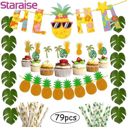 Staraise 79pcs Hawaii Party Paper Banner Pineapple Straw Cake Topper Green Leaves Set Summer Party Decor Tropical Party Supplies