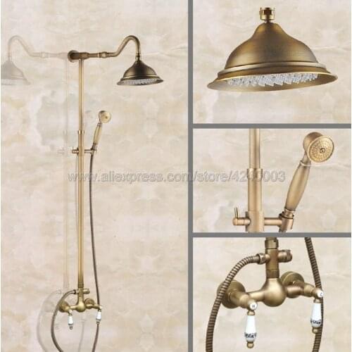 Antique Brass Bathroom Rainfall Shower Faucet Set Mixer Tap With Hand Sprayer Wall Mounted Bath Shower Sets Double Handle Kan501