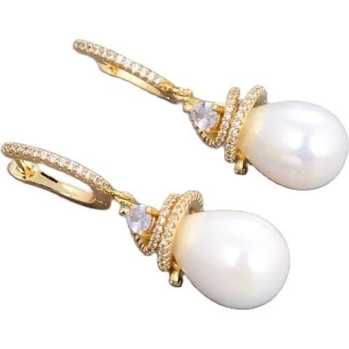 JK White Teardrop Shell Gold Plated Cz pave Lever back Earrings 2.5