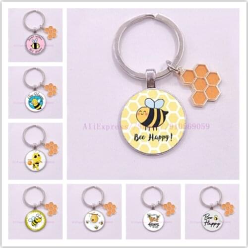 Cute Animal Bee Happy Glass Cabochon Keychain geometric honeycomb bee key ringenamel honeycomb charm keychain Gift