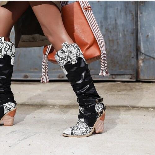 European and American winter boots Knee Boots thick heel pointed head simple Snake Print womens boots sexy nightclub stage boot