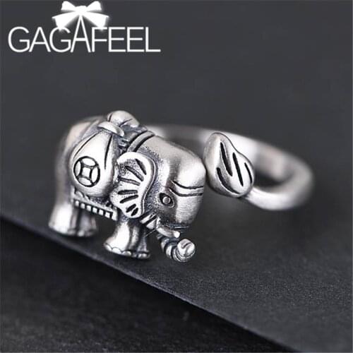 GAGAFEEL Ethnic Small Elephant Opening Ring Auspicious Thai Silver Adjustable Rings 925 Sterling Silver Famale Retro Jewelry