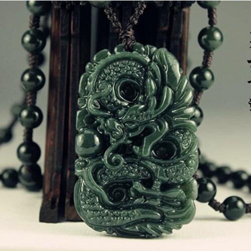 Collection Chinese Black Color Natural Obsidian Stone Hand Carved Animal Dragon Amulet Charm Pendant Necklace