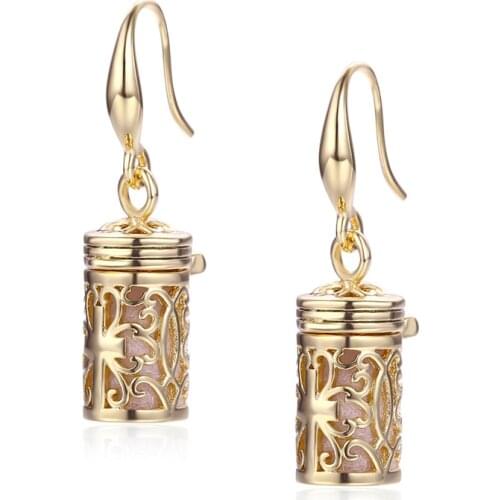 Brass w Gold Color Hollow Out Filligree Cross Perfume Bottle Essential Oil Diffuser Drop Dangle Earrings For Women Girls Jewelry