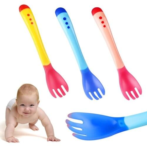 Baby Temperature Sensing Spoon Soft Head Safety Warm Feeding Warm Soup Fork Infant Color Change Spoon Toddler Flatware Hot Sale