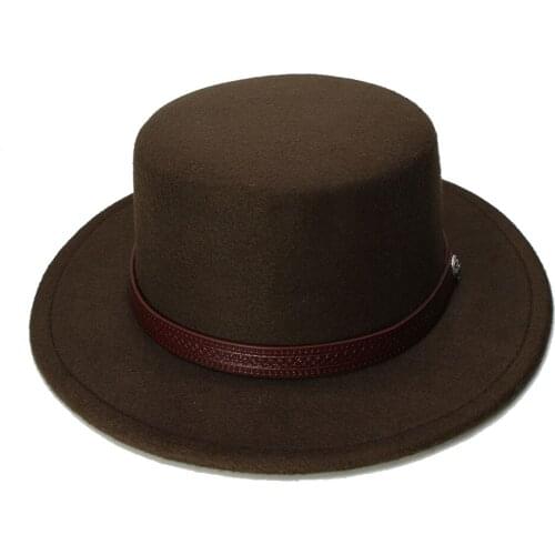 LUCKYLIANJI Retro Kid Vintage 100% Wool Wide Brim Cap Pork Pie Porkpie Bowler Hat Solid Coffee Leather Band(54cm/Adjusted)