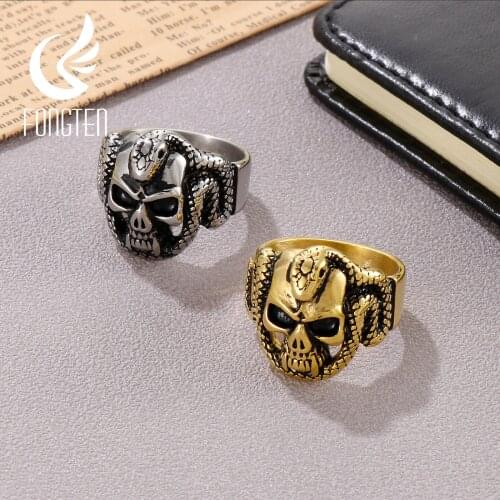 Fongten Gothic Style Skull Head Snake Men Ring Rock Band Stainless Steel Punk Fashion Jewelry Boyfriend Gift
