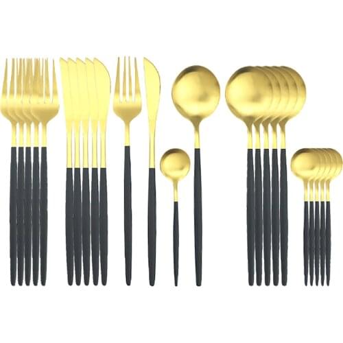 24Pcs/Set Dinnerware Set Black Gold Cutlery Set Stainless Steel Tableware Set Knife Fork Spoon Flatware Set Kitchen Silverware