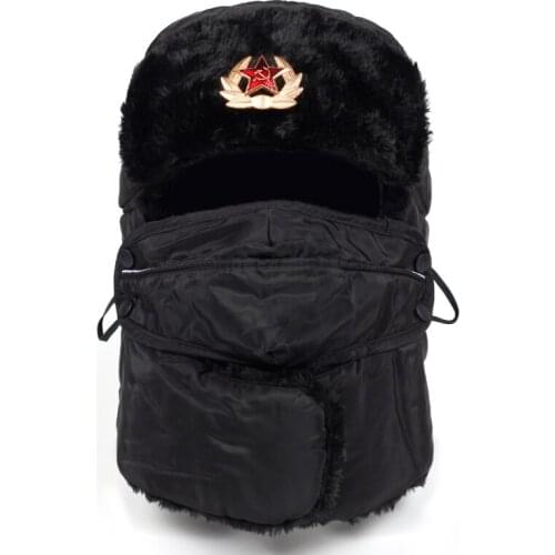 2019 new Pilot Trapper Bomber Hat Soviet Army Military Badge Aviator Cap Winter cotton hats