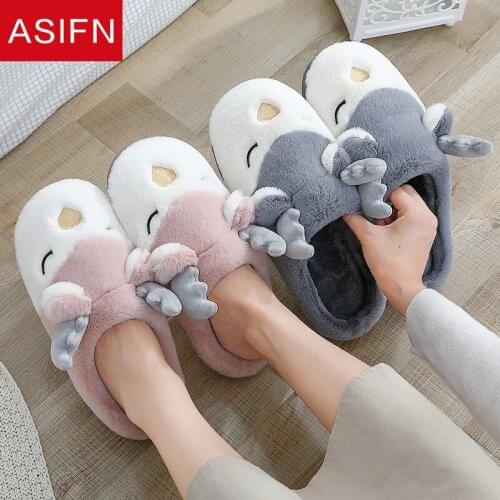 ASIFN New Winter Slippers Warm Women Men Cartoon Shoes Cute Couples Non-Slip Plush Cotton Indoor Outdoor Cozy Home Thick Heel