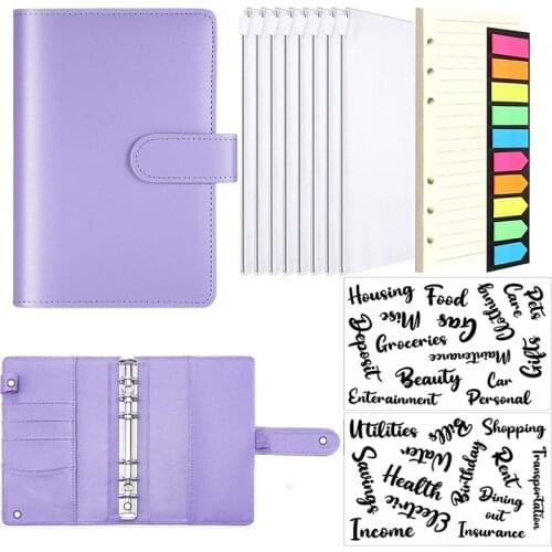 A6 PU Notebook Binder Budget Planning Notepad 6-Ring Binder Cover, Loose-Leaf Paper and Neon Page Maker Saving