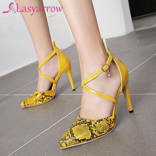 Lasyarrow 2021 summer Thin high heels snake skin print womans sandals big size 33-50 T-strap pointed toe gladiator sandals