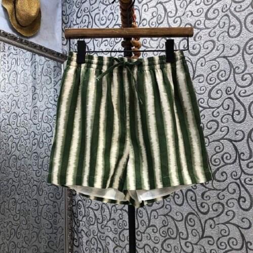 100%Linen Shorts 2021 Summer Fashion Short Women Elastic Waist Colorful Striped Print Casual Red Green Short Pants Beach Ladies