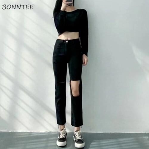 Fashion Hole Jeans Women Ankle-length Slim All-match Trousers Ulzzang Casual Summer Straight New Chic Ins High-waist Students