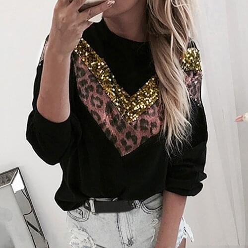 Female Long Sleeve Leopard Bling Sequined Hooded Sweatshirts Femme Hoodie Tops Women Casual Hoodies Sweatshirt Autumn