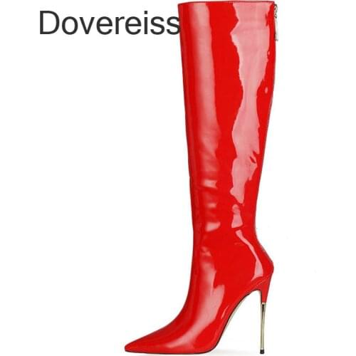 Dovereiss Fashion Female Boots Winter White Blue Sexy Elegant Square To New Stilettos Heels Knee High Boots Big Size 44 45 46 47