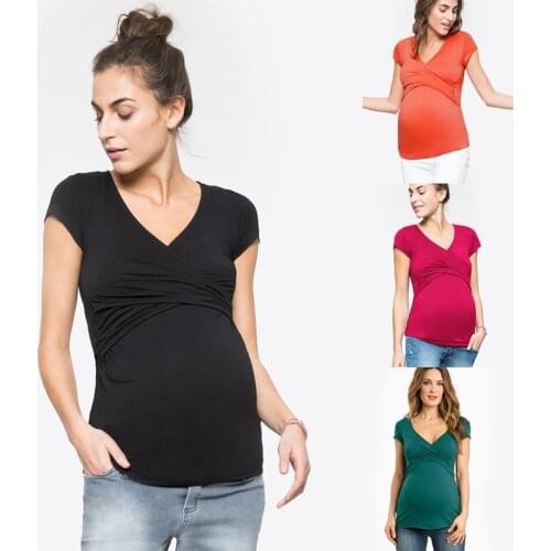 Womens Maternity Nursing Tops Short Sleeve V-Neck Breastfeeding Pregnancy Shirt Ropa Premama