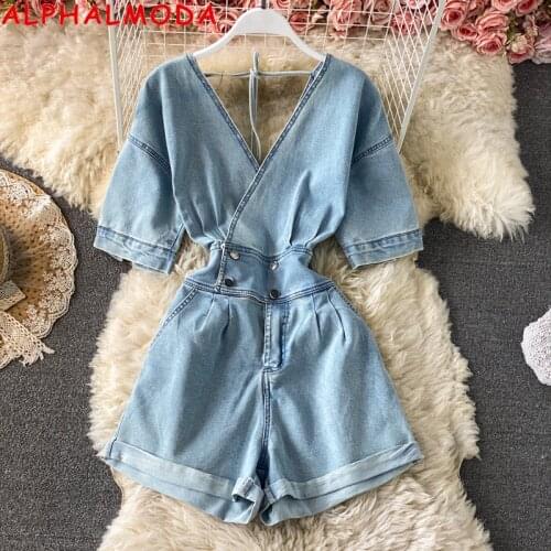ALPHALMODA 2021 Summer V-neck denim Playsuit womens Deep V-neck High Waist Wide-leg Shorts Female Sexy Holiday Overall Outfit