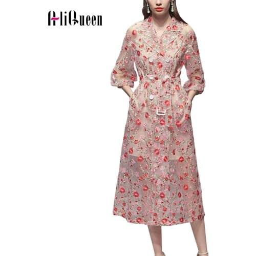 2019 Women Runway Gauze Flower Embroidery Trench Coat Double-breasted Notched Lantern Sleeve Belt Mesh Pink Long Coat Outerwear
