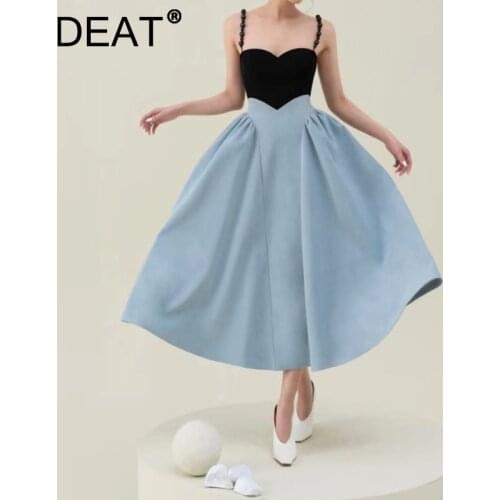 DEAT Woman Midi Strapless Dress Pearl Hit Color Formal Style Elegant Banquet Sling Dresses 2021 New Summer Fashion 15JK077