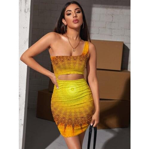 Giyu Brand Dizziness Dress Women Sunflower Pleating Art Vestido Sexy Abstract Halter Sleeveless Womens Clothing Club New Beach