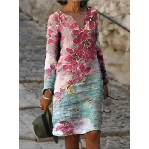 2021 Elegent Print Women Dress V Neck Knee Length Dress Short Sleeve Bohemian Summer Vintage Dress Vestidos Mujer 3XL