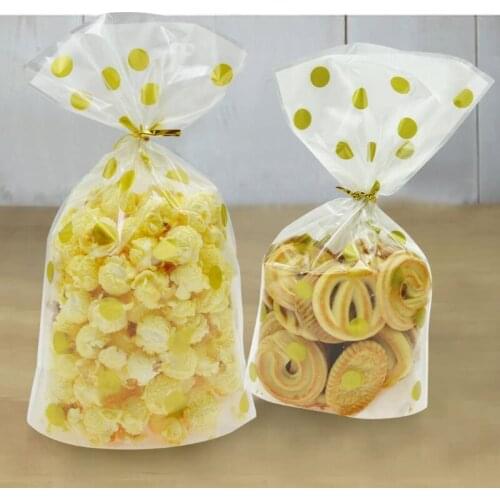 50/100sets Gold Dots Candy Bags Transparent Food Packaging Bag Birthday Wedding Party Gift Wrap Plastic Bag With Seal Sticker