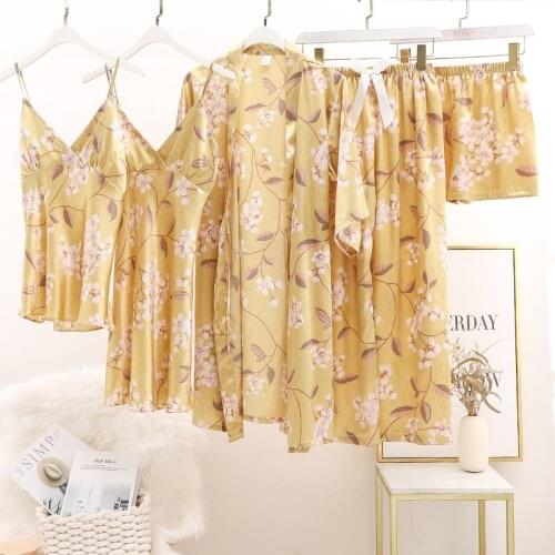 5PCS Women Lingerie Robe Gown Sets Sexy Nightdres Print Kimono Bathrobe Rayon Sleep Suit Spring Summer Sleepwear Lounge Homewear
