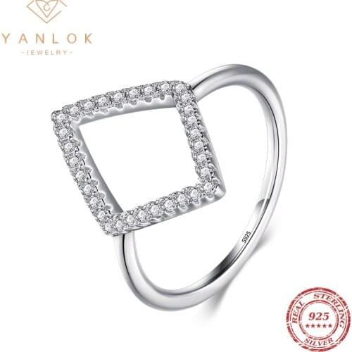 YANLOK 2021 New Solid 925 Sterling Silver Rhombus Zirconia Hollow Out Fashion Simple Finger Ring For Women Girls Party Jewelry