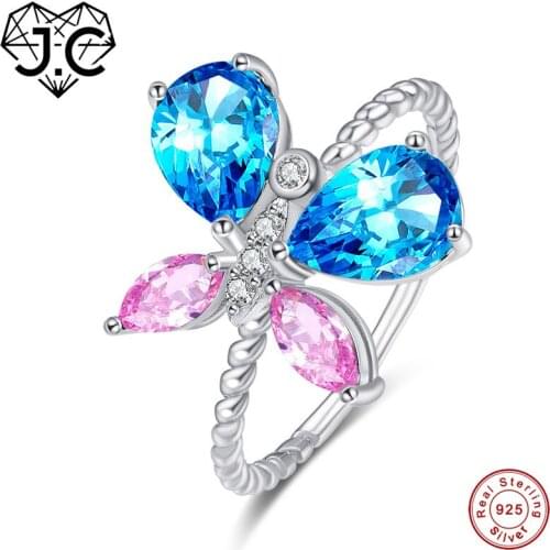 J.C Butterfly Sapphire & Blue & Pink Topaz Peridot 925 Sterling Silver Ring Size 6 7 8 9 For Women Wedding Bridal Fine Jewelry