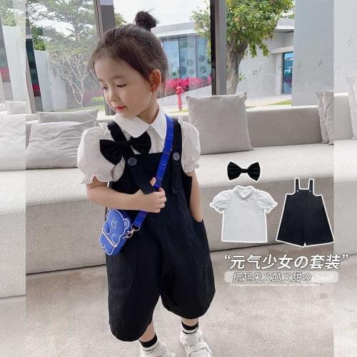 Korean Style Summer Girls Clothes Bow Tie Clothes Suits Short-sleeved TShirt Top+Casual Shorts Jumpsuit Girl Romper 2 Pieces Set