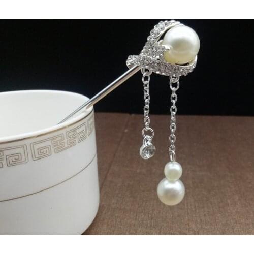 Simulated Pearl Metal Hair Sticks Chinese Long Tassels Hair Clip Pins Bride Wedding Crystal Rhinestones Head Jewelry Accessories