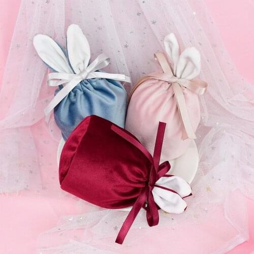 Cute Rabbit Ear Velvet Drawstring Chocolate Candy Bags Wedding Favor Gift Bag For Kids Birthday Party Baby Shower Decor Supplies