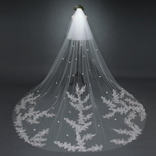 2019 Fashion Bridal Veils Lace Cathedral Wedding Veils With Comb Two-Layer Blusher Face Appliques Pleats Bridal Veil